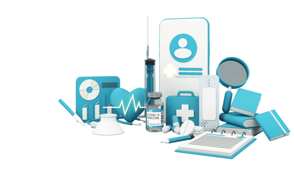 Health insurance concept with words coverage, protection, risk, and security online medicine on a virtual screen and a cartoon wood hand touching a button, isolated on blue background 3d rendering png