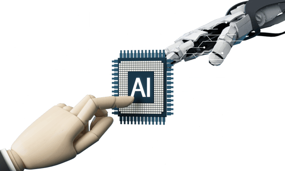 Robot cybernetic organism works with a virtual HUD interface in reality and Ai chip with cogwheel. Humanoid robot with a plastic face presses on the digital screen. Future concept. 3d rendering png