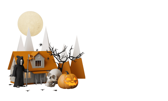 Happy Halloween party posters set with night clouds and pumpkins in cartoon illustration. Full moon and boo ghost with haunted house Place for text. Brochure background. 3d render cartoon character png