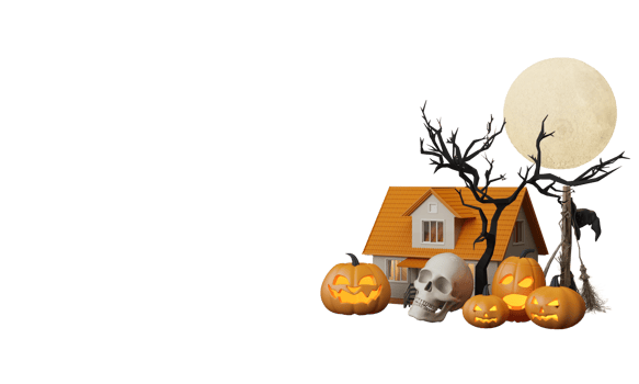 Happy Halloween party posters set with night clouds and pumpkins in cartoon illustration. Full moon and boo ghost with haunted house Place for text. Brochure background. 3d render cartoon character png