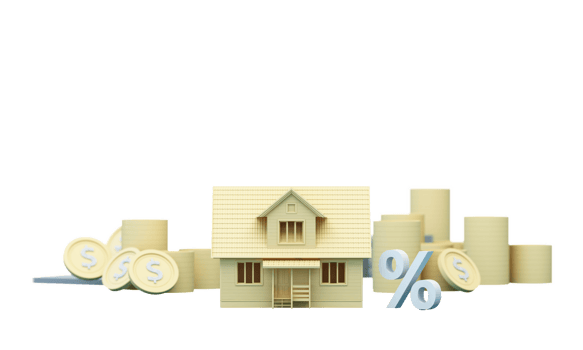 big arrow symbol Higher Interest Rates for Home Real Estate Ideas Savings on real estate of financial stability and growth and space for entering text on a yellow background, realistic 3D rendering. png