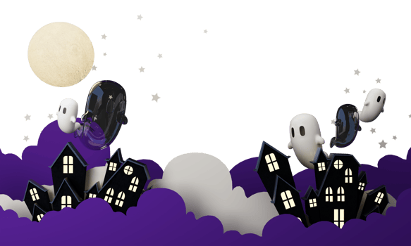 Happy Halloween party posters set with night clouds and pumpkins in cartoon illustration. Full moon and boo ghost with haunted house Place for text. Brochure background. 3d render cartoon character png