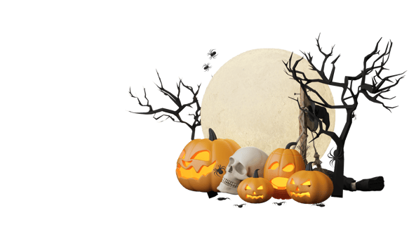 Happy Halloween party posters set with night clouds and pumpkins in cartoon illustration. Full moon and boo ghost with haunted house Place for text. Brochure background. 3d render cartoon character png