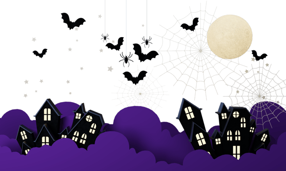 Happy Halloween party posters set with night clouds and pumpkins in cartoon illustration. Full moon and boo ghost with haunted house Place for text. Brochure background. 3d render cartoon character png