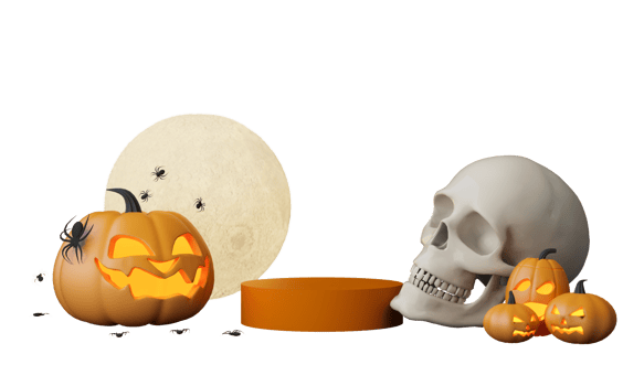 Happy Halloween party posters set with night clouds and pumpkins in cartoon illustration. Full moon and boo ghost with haunted house Place for text. Brochure background. 3d render cartoon character png