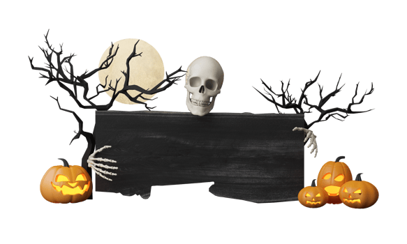 Happy Halloween party posters set with night clouds and pumpkins in cartoon illustration. Full moon and boo ghost with haunted house Place for text. Brochure background. 3d render cartoon character png