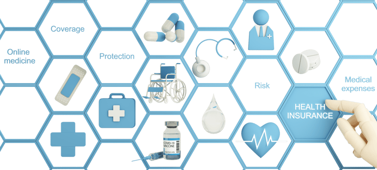 Health insurance concept with words coverage, protection, risk, and security online medicine on a virtual screen and a cartoon wood hand touching a button, isolated on blue background 3d rendering png