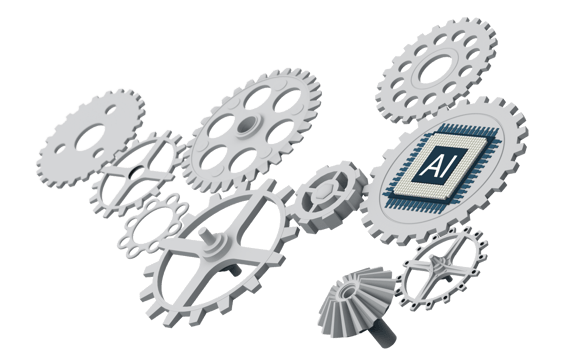 Robot cybernetic organism works with a virtual HUD interface in reality and Ai chip with cogwheel. Humanoid robot with a plastic face presses on the digital screen. Future concept. 3d rendering png