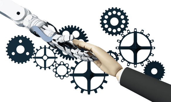 Robot cybernetic organism works with a virtual HUD interface in reality and Ai chip with cogwheel. Humanoid robot with a plastic face presses on the digital screen. Future concept. 3d rendering png