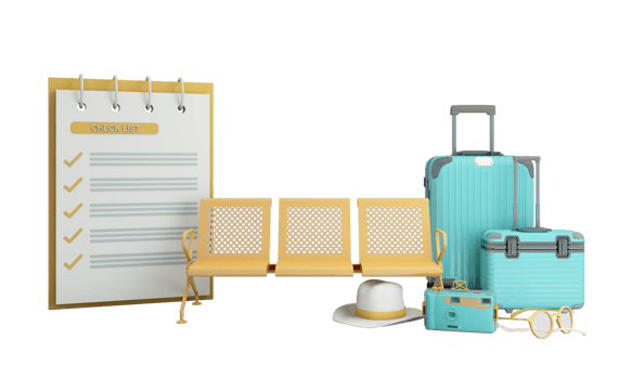 travel insurance form, travel and protection concept umbrella surrounded by luggage, camera, sunglasses, hat with scooter and car plane passport on yellow backgound 3d render illustration png