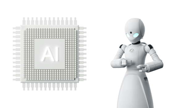Robot cybernetic organism works with a virtual HUD interface in reality and Ai chip with cogwheel. Humanoid robot with a plastic face presses on the digital screen. Future concept. 3d rendering png