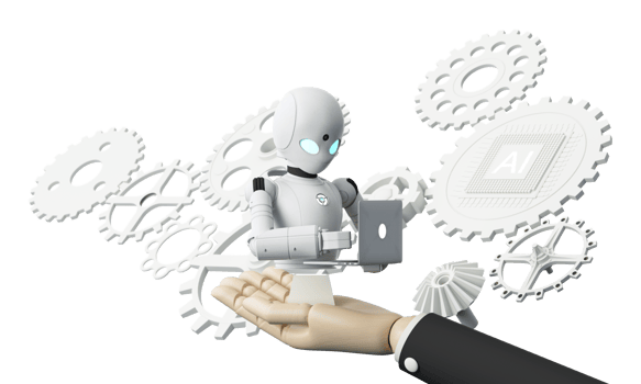 Robot cybernetic organism works with a virtual HUD interface in reality and Ai chip with cogwheel. Humanoid robot with a plastic face presses on the digital screen. Future concept. 3d rendering png