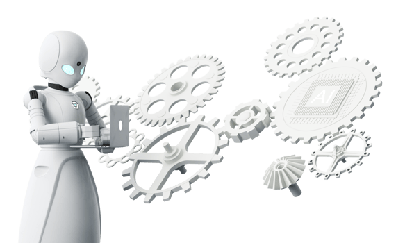 Robot cybernetic organism works with a virtual HUD interface in reality and Ai chip with cogwheel. Humanoid robot with a plastic face presses on the digital screen. Future concept. 3d rendering png