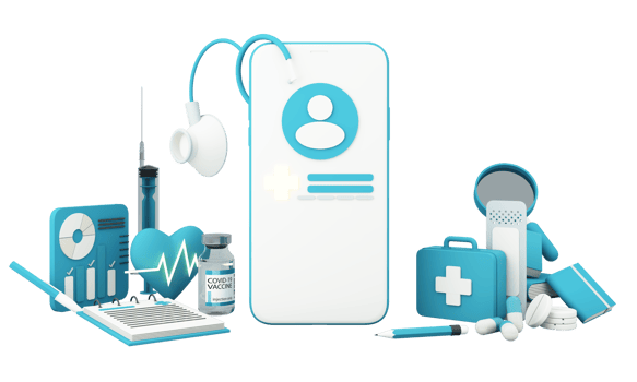 Health insurance concept with words coverage, protection, risk, and security online medicine on a virtual screen and a cartoon wood hand touching a button, isolated on blue background 3d rendering png