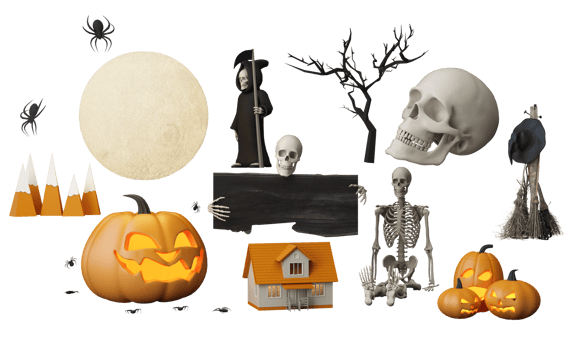 Happy Halloween party posters set with night clouds and pumpkins in cartoon illustration. Full moon and boo ghost with haunted house Place for text. Brochure background. 3d render cartoon character png