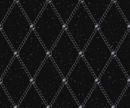 Vintage geometric pattern with black steel chains and beads. Rhombus grid on a black textured background with small particle like dust, motes. Low contrast illustration vector