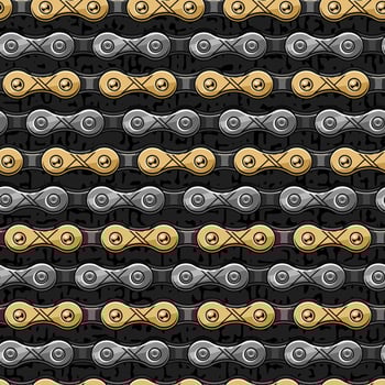 Seamless pattern with steel and gold bike chain. Horizontal regular lines. Vector illustration.