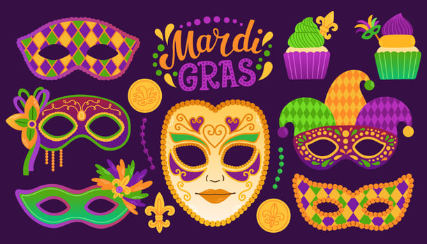 Mardi gras set carnival party design. Fat tuesday, carnival, festival. For greeting card, banner, gift packaging, poster vector