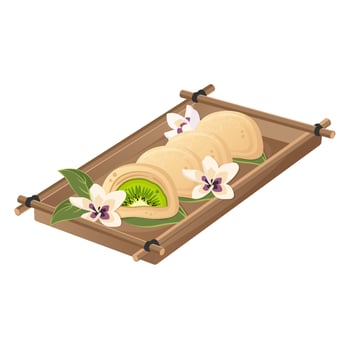 Yellow Mochi with kiwi fruit, sakura blossoms on wooden tray. Half and whole Japanese cakes made from rice flour. Vector flat drawn illustration for dishes, menu, sweet, cooking concept. Vector
