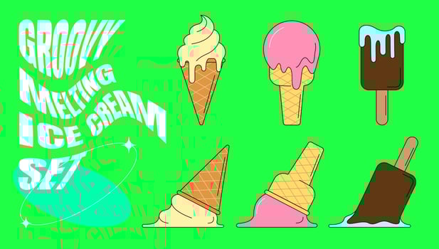 Retro groovy style ice cream cone set. Hippie melting plombir collection. Vintage hippy various melted icecream sticker pack. Trendy y2k vector sweet dessert. Nostalgia elements eps illustration