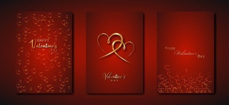Happy Valentines day vector set greeting card. Gold hearts on red background. Golden holiday poster with text, jewels. Concept for Valentines banner, flyer, party invitation, jewelry gift shop