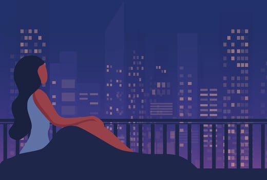 Insomnia woman sitting on bed at night vector illustration. Sleepless woman suffering from insomnia and depression concept