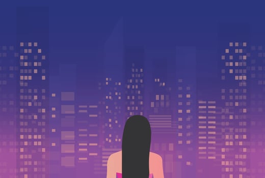 woman standing with her back looking at night city building vector illustration