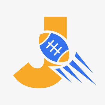 Letter J Rugby Logo Concept With Moving Rugby Ball Icon. Rugby Sports Logotype Symbol Vector Template