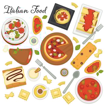 Italian cuisine of european country, menu with pasta, pizza and desserts. Served sweets, snacks and pastries with cream, vector in flat style