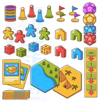 Board game set, figures with dices and play cards vector