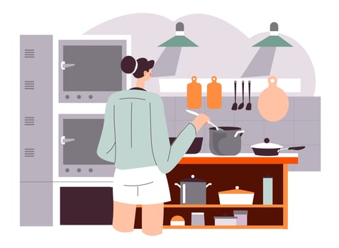 Female character cooking at home or restaurant vector
