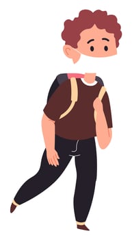 School boy wearing medical mask walking to school vector
