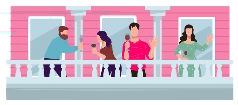 Friends having fun on balcony drinking wine vector