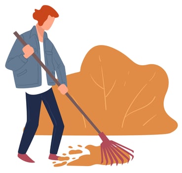 Autumn chores, character raking dry leaves cleaning yard vector