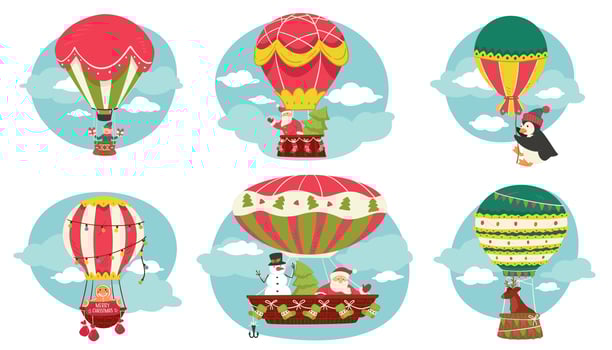 Christmas characters flying in hot air balloons vector