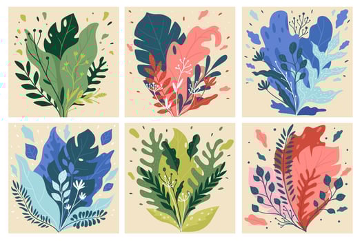 Flora and foliage, vibrant leafage and leaves vector