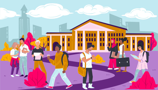 College or university educational establishment with students outdoors vector