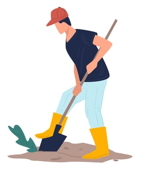 Male character digging holes in soil, agriculture and farming vector