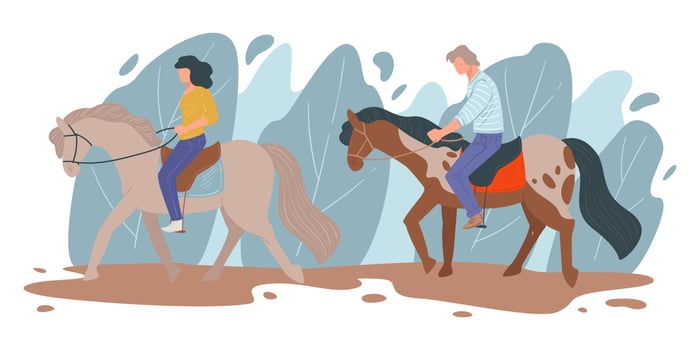 Horse racing, people leading active lifestyle sitting horseback vector