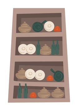 Wooden cupboard with bowls, cups and mugs vector