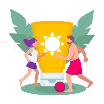 Sun lotion and people playing volleyball, summer vacation vector