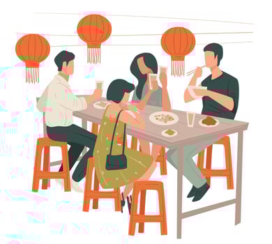 People eating in chinese restaurant, lunch of friends vector