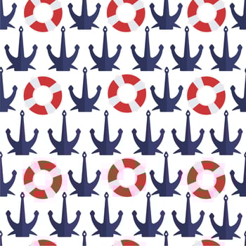 Anchor and lifebuoy, nautical and marine theme seamless pattern vector