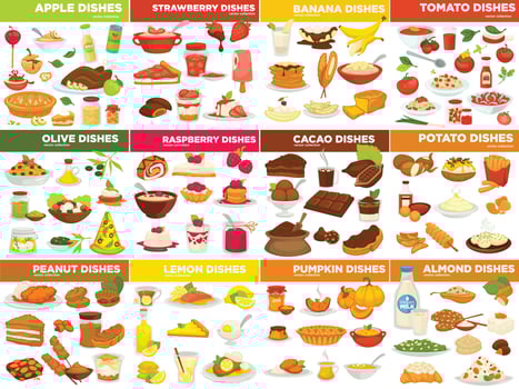 Fruit vegetable and nut dishes food cooking recipes vector
