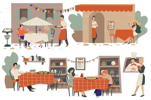 Pizzeria or restaurant terraces with clients eating outdoors vector
