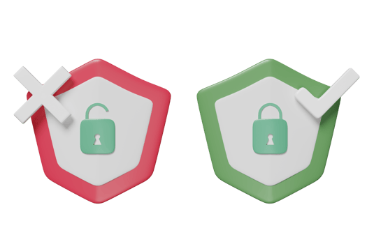 3d shield check and shield insecure with cross check mark, padlock, key isolated. Internet security or privacy protection or ransomware protect concept, 3d render illustration png