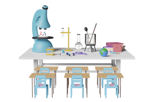 3d science experiment kit with microscope, globe, magnifying, beaker, test tube, student desk, chair isolated. room innovative education, e-learning concept, 3d render illustration png