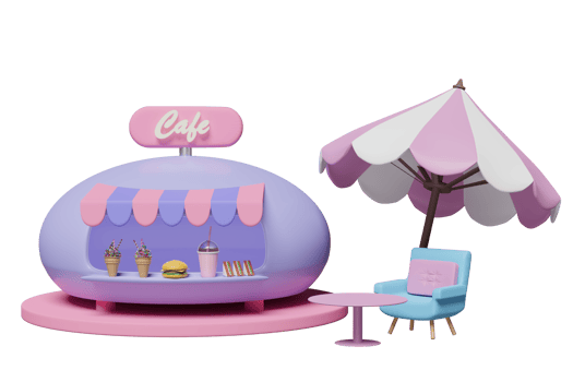 3d shop store cafe with sofa chair, ice cream, coffee table, umbrella, hamburger or burger, sandwich, glass isolated. summer travel, 3d render illustration png