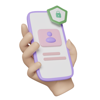 3d social media with hand hold mobile phone, smartphone, shield icons, people isolated. Internet security, privacy protection, ransomware protect, verify identity, 3d render png