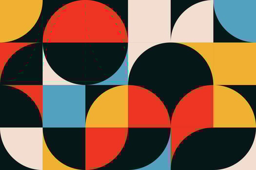 Abstract retro geometric seamless pattern in the Bauhaus style with grid and tile geo squares, triangles, semicircles and half-circles shape tileable background design vector